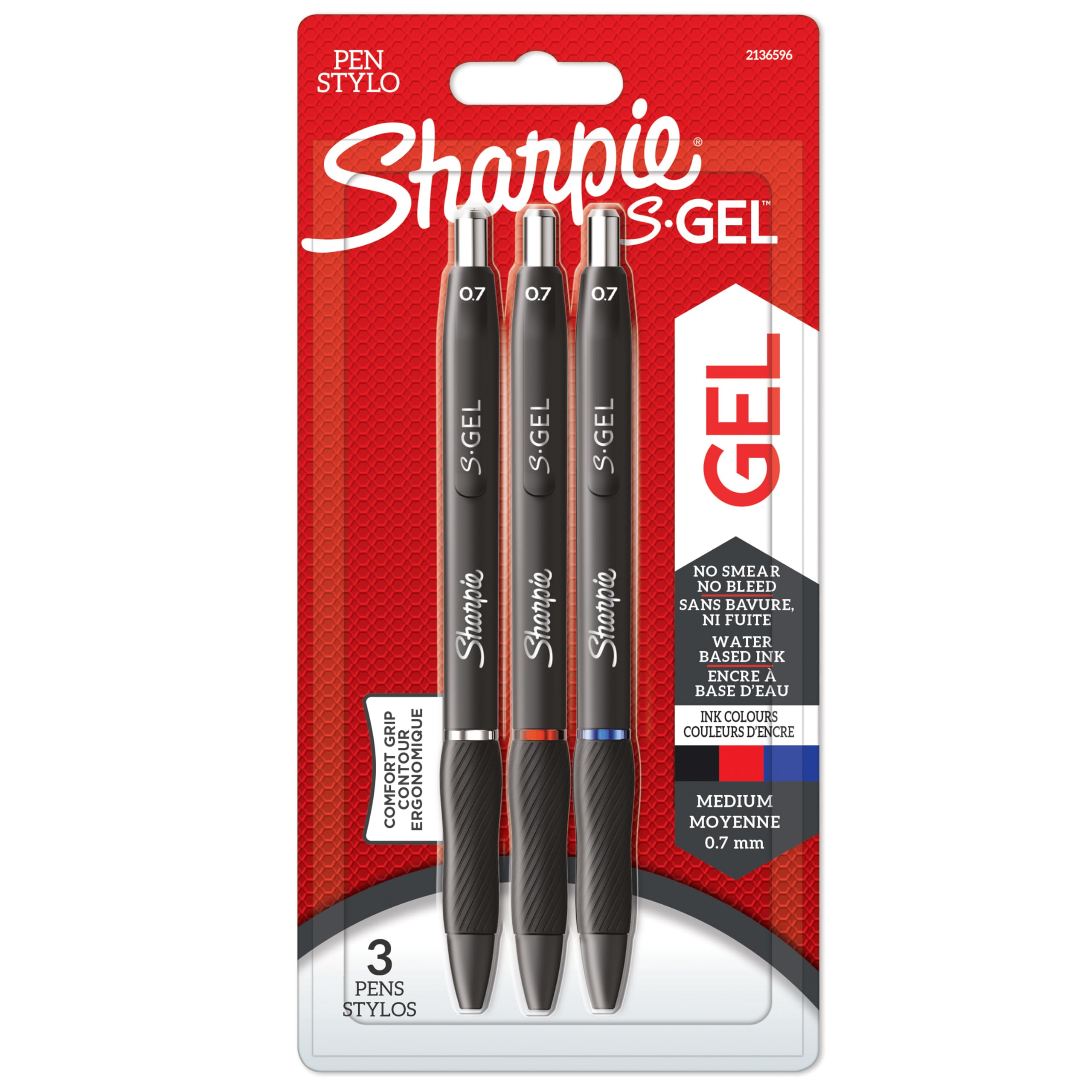 Sharpie S-Gel | Gel Pens | Medium Point (0.7mm) | Black, Red & Blue Ink | 3 Count (Pack of 2)