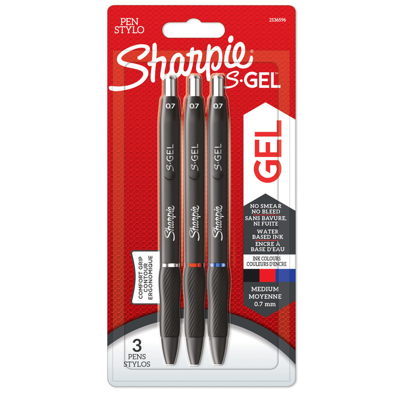 Sharpie S-Gel | Gel Pens | Medium Point (0.7mm) | Black, Red & Blue Ink | 3 Count (Pack of 2)