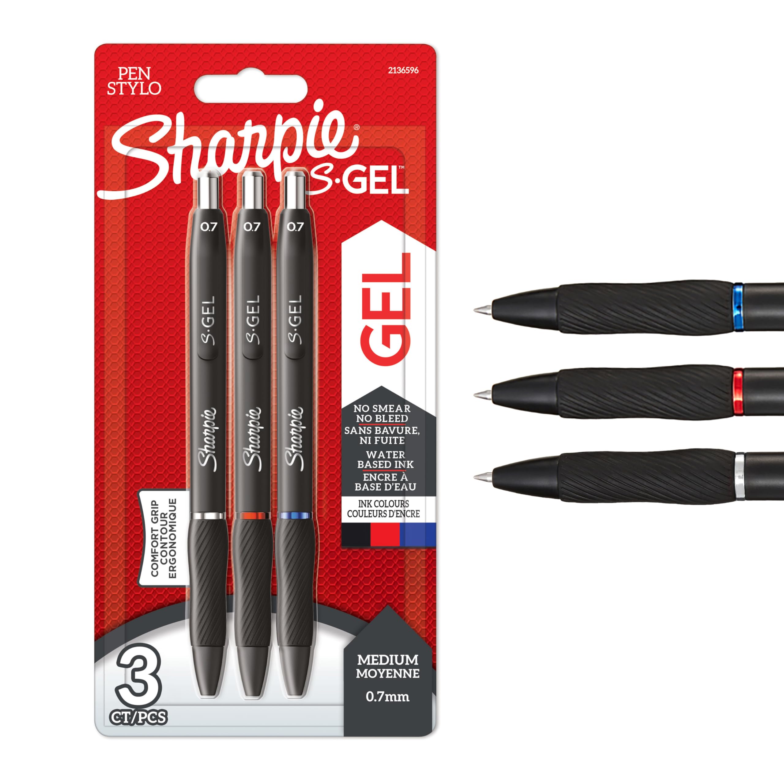 Sharpie S-Gel | Gel Pens | Medium Point (0.7mm) | Black, Red & Blue Ink | 3 Count (Pack of 2)