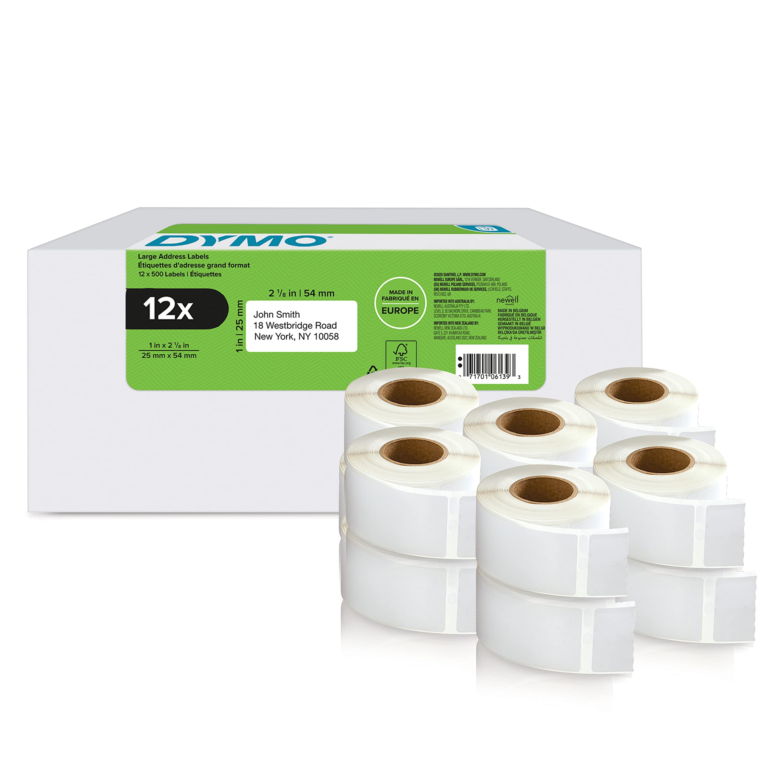 DYMO Authentic LabelWriter Return Address Labels | 25 Mm X 54 Mm | Self-Adhesive | 12 Rolls of 500 Easy-Peel Labels (6,000 Count) | LabelWriter Label Makers | Made in Europe