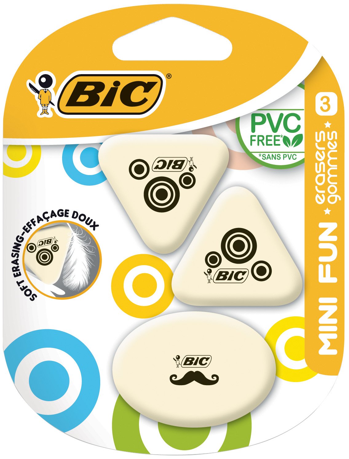 BIC Eraser Mini Fun, Synthetic Rubber 2 Designs, Blister A 3 pcs, White