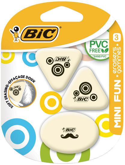 BIC Eraser Mini Fun, Synthetic Rubber 2 Designs, Blister A 3 pcs, White