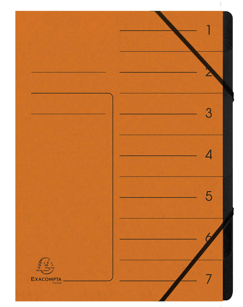 Exacompta - Ref 540704E - Stapled Spine Multipart File - 245 x 320mm in Size, Suitable for Storing A4 Documents - 7 Tabbed Sections - Orange Cover with Reinforced Tabs Black Interior 7 Compartments Orange