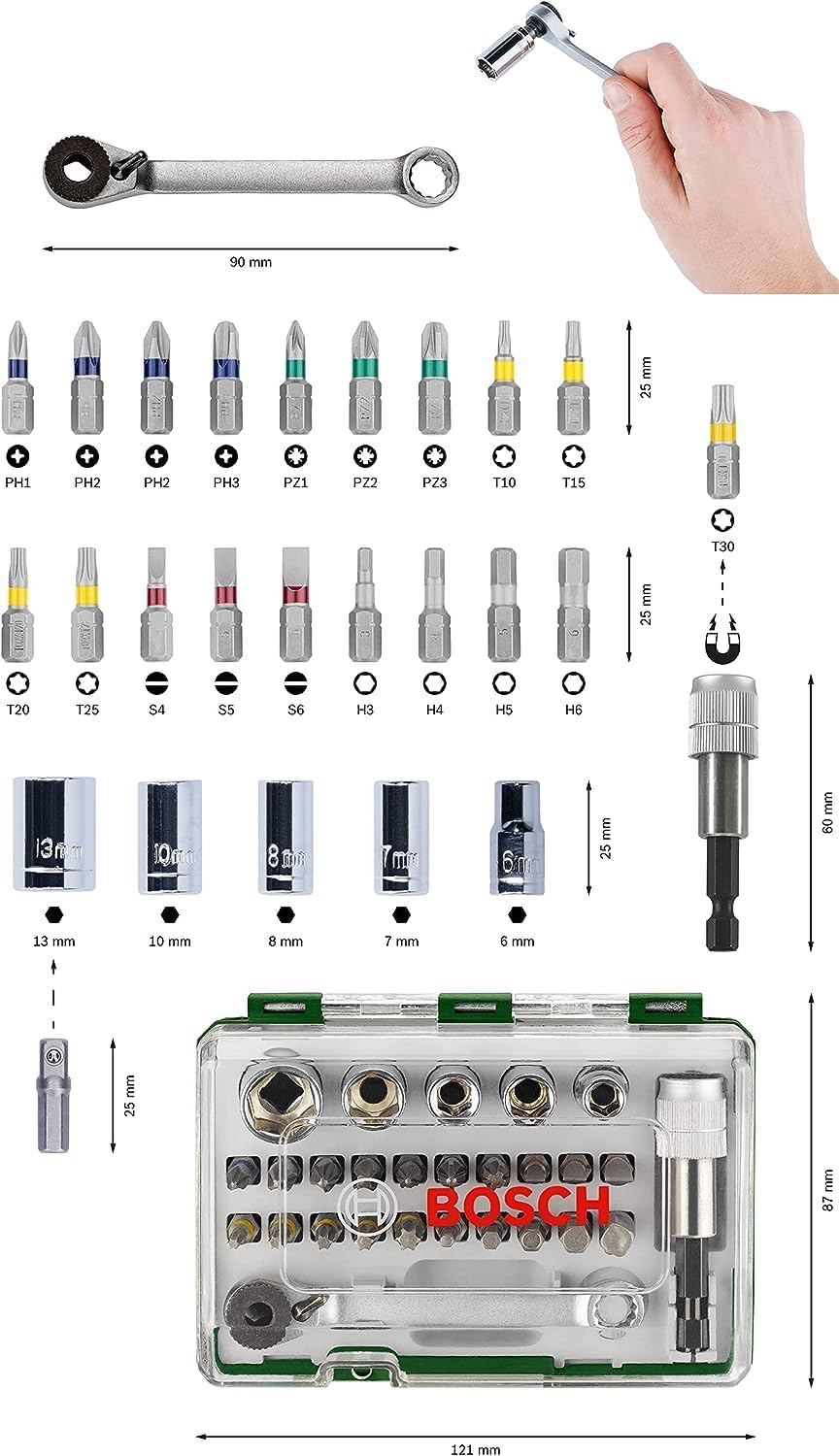 Bosch 27pc.Screwdriver Bit and Ratchet Set (PH-, PZ-, Hex-, T-, S-Bit, Accessories Drill and Screwdriver