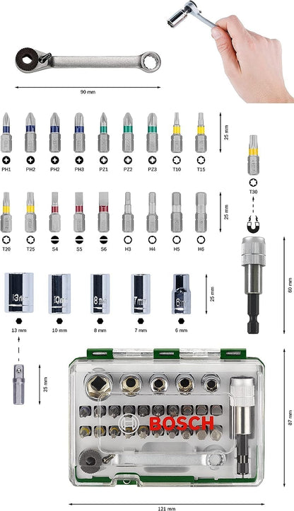 Bosch 27pc.Screwdriver Bit and Ratchet Set (PH-, PZ-, Hex-, T-, S-Bit, Accessories Drill and Screwdriver