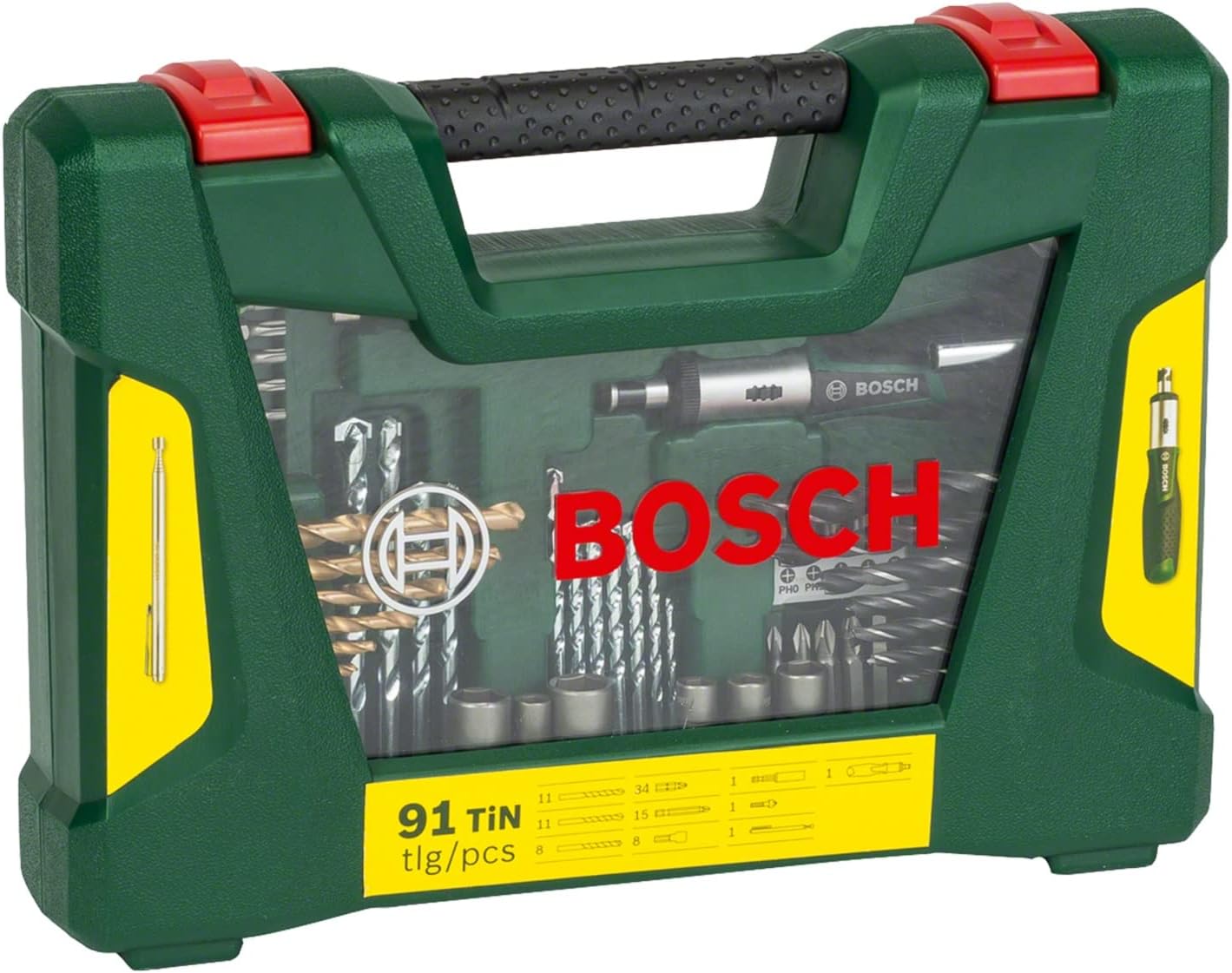 Bosch 91 pcs. Titanium Drill and Screwdriver Bit Set V-Line (for Wood, Masonry and Metal, Including Ratchet Screwdriver and Magnetic Rod, Accessories Drills and Screwdrivers