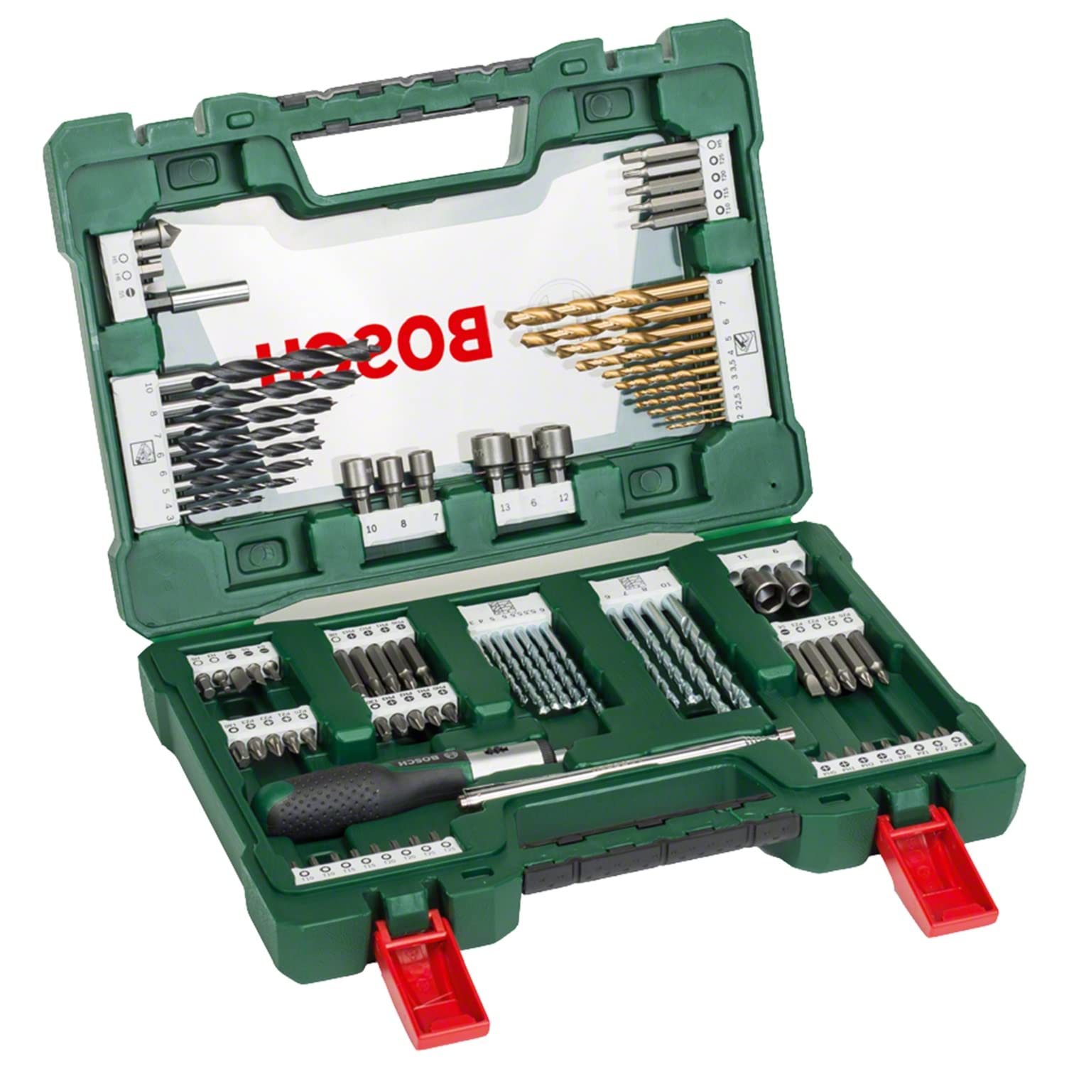 Bosch 91 pcs. Titanium Drill and Screwdriver Bit Set V-Line (for Wood, Masonry and Metal, Including Ratchet Screwdriver and Magnetic Rod, Accessories Drills and Screwdrivers