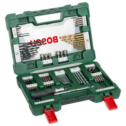 Bosch 91 pcs. Titanium Drill and Screwdriver Bit Set V-Line (for Wood, Masonry and Metal, Including Ratchet Screwdriver and Magnetic Rod, Accessories Drills and Screwdrivers