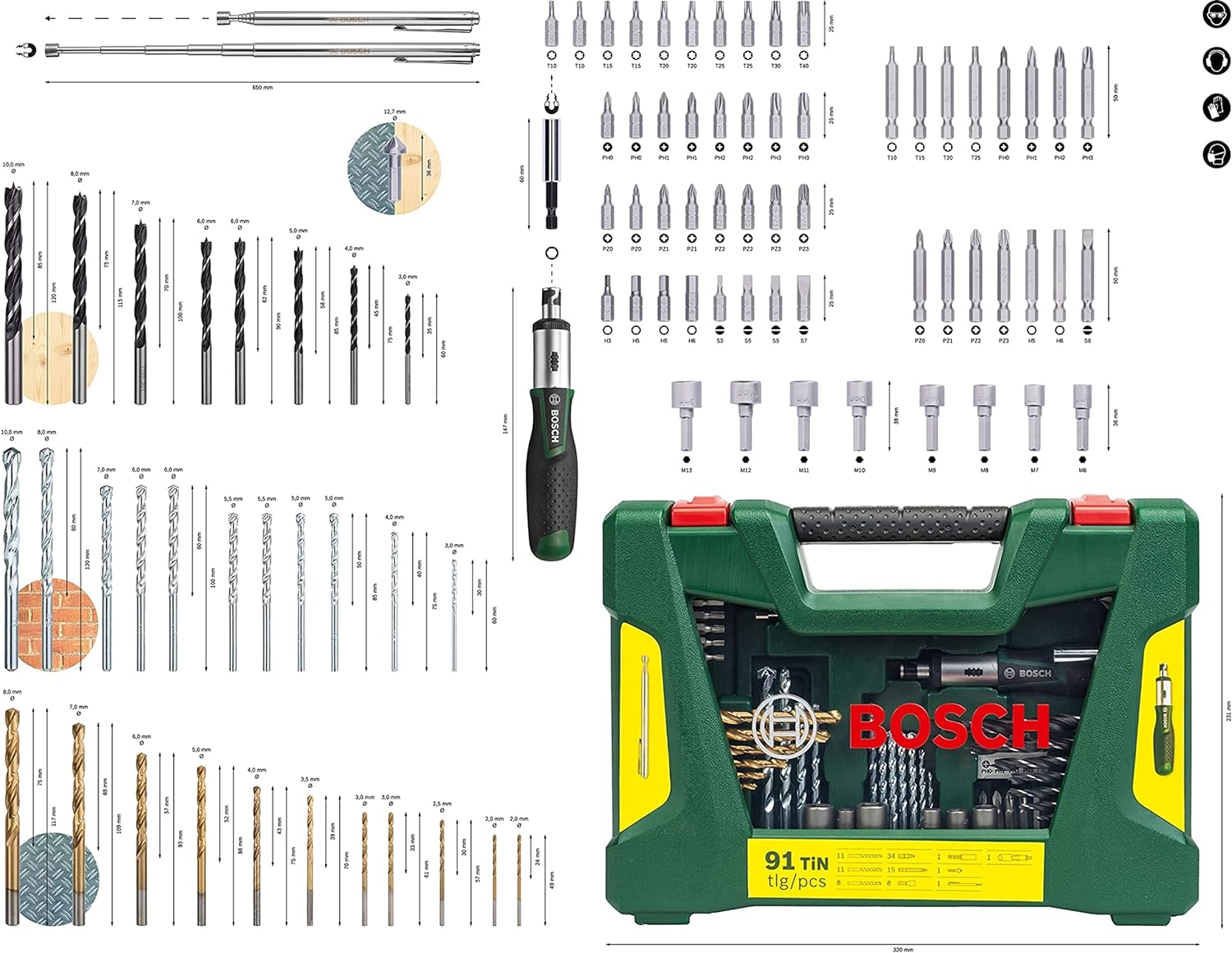 Bosch 91 pcs. Titanium Drill and Screwdriver Bit Set V-Line (for Wood, Masonry and Metal, Including Ratchet Screwdriver and Magnetic Rod, Accessories Drills and Screwdrivers