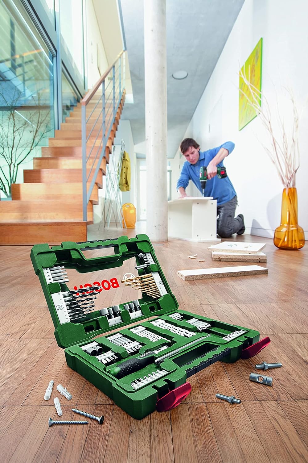 Bosch 91 pcs. Titanium Drill and Screwdriver Bit Set V-Line (for Wood, Masonry and Metal, Including Ratchet Screwdriver and Magnetic Rod, Accessories Drills and Screwdrivers