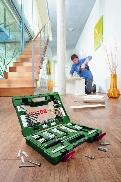Bosch 91 pcs. Titanium Drill and Screwdriver Bit Set V-Line (for Wood, Masonry and Metal, Including Ratchet Screwdriver and Magnetic Rod, Accessories Drills and Screwdrivers