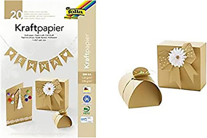 folia 698 Kraft Paper Block Mix with 10 Sheets of Kraft Paper 120 g/m² and 10 Sheets of Kraft Card 230 g/m², DIN A4, Plain Natural, Pad with Head, for Crafts and Printing