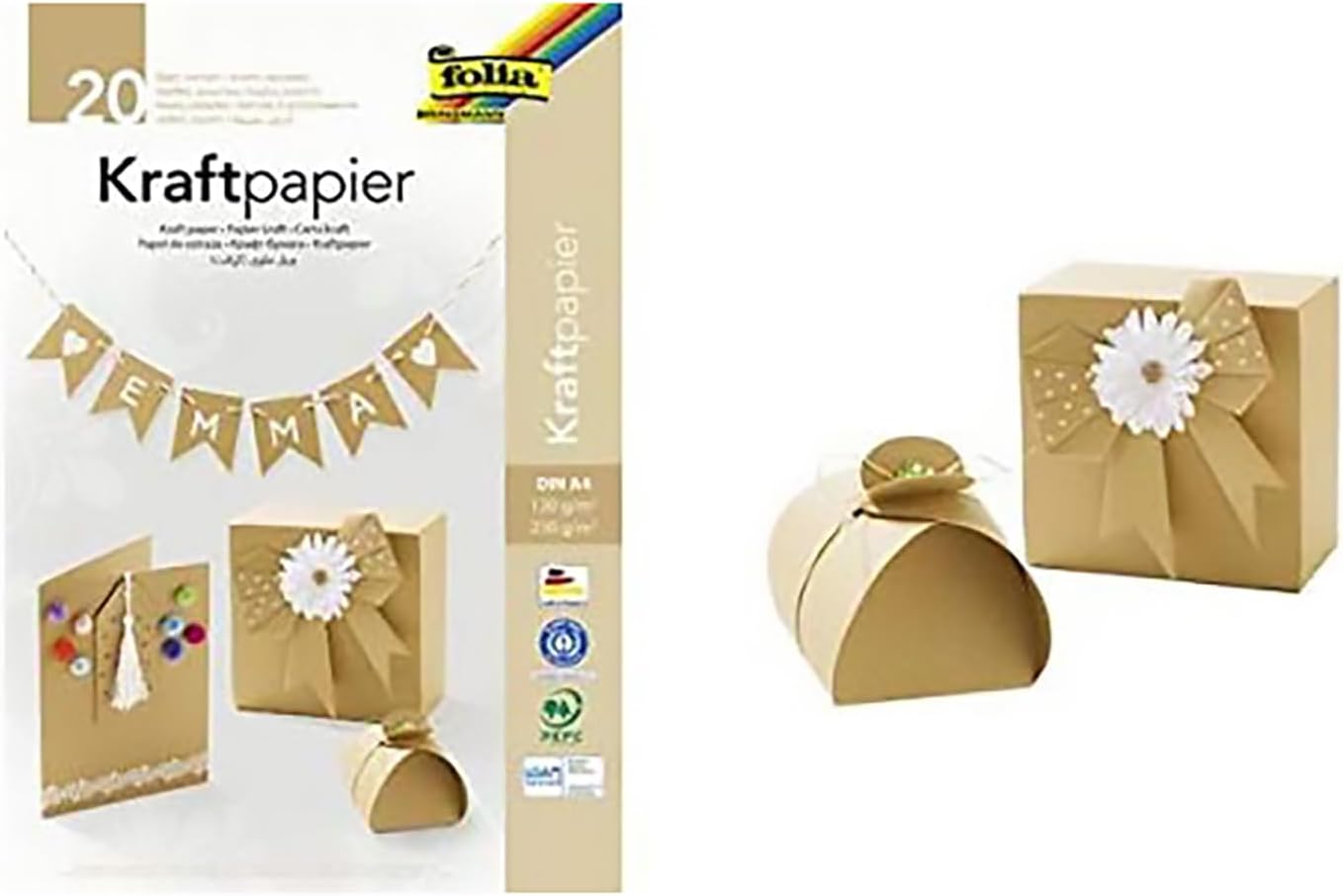 folia 698 Kraft Paper Block Mix with 10 Sheets of Kraft Paper 120 g/m² and 10 Sheets of Kraft Card 230 g/m², DIN A4, Plain Natural, Pad with Head, for Crafts and Printing