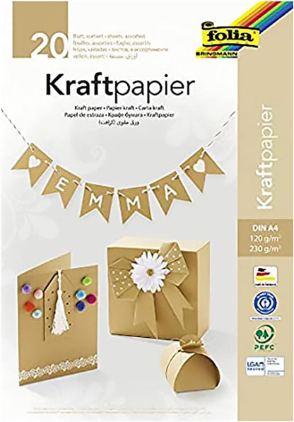 folia 698 Kraft Paper Block Mix with 10 Sheets of Kraft Paper 120 g/m² and 10 Sheets of Kraft Card 230 g/m², DIN A4, Plain Natural, Pad with Head, for Crafts and Printing