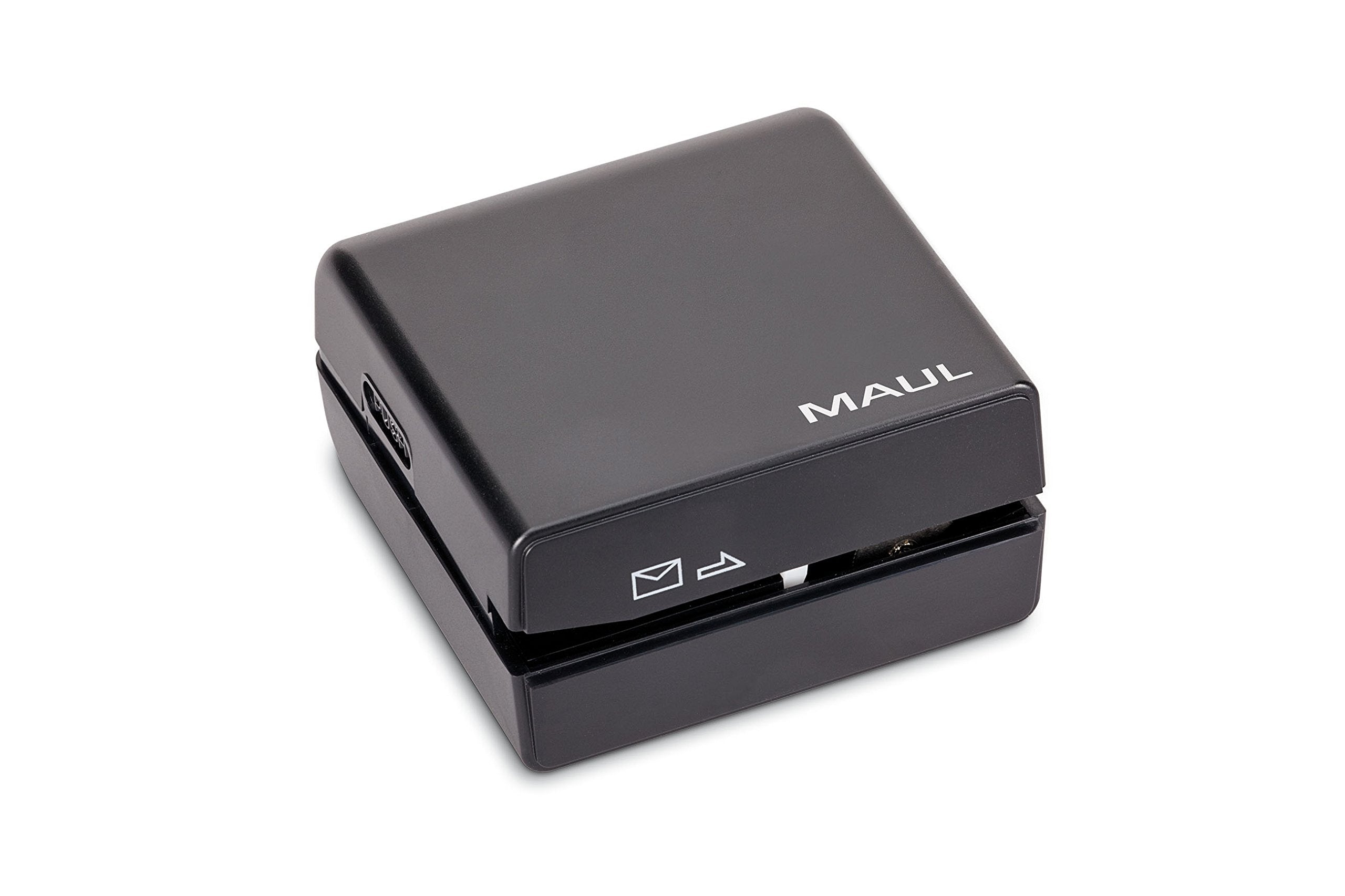 Maul - Abrecartas eléctrico con alimentación por pilas, estructura de plástico y zona de corte de acero inoxidable