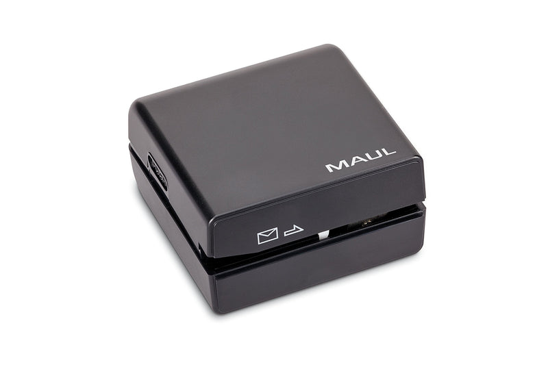 Maul - Abrecartas eléctrico con alimentación por pilas, estructura de plástico y zona de corte de acero inoxidable
