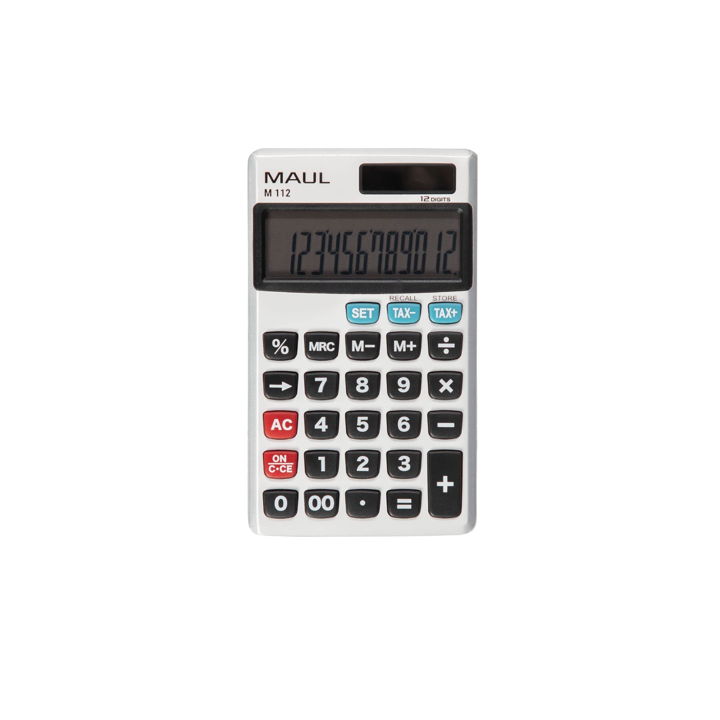 MAUL Taschenrechner M112 | Rechner mit großem 12-stelligem Display | Prozent- und Steuerrechnung für Büro, Zuhause, Schule | Solarrechner mit Batterienutzung bei Dunkelheit | Aluminium |