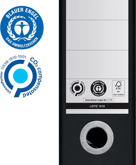 Leitz 180° Lever Arch File, A4, 80mm spine width, 100% Recyclable, Eco Friendly, Premium Quality, Recycle Range, 10180095, Black