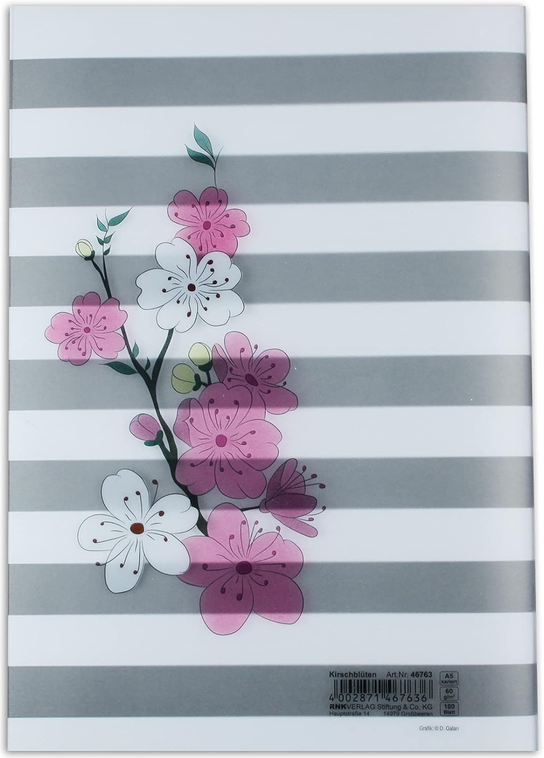 RNK 46763 Notebook "Cherry Blossom", Squared, DIN A5, with PP Plastic Cover, 100 Sheets, 60 g/m², Pack of 1 Modern