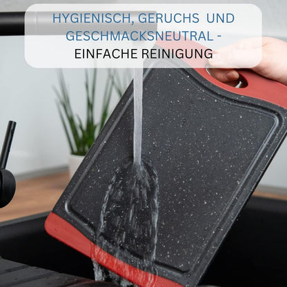 Westmark Chopping Board with juice groove, Non-slip and blade-friendly, Cutting surface: 29 x 20 cm, Granite design, Plastic, Anthracite/Red, 6215224G