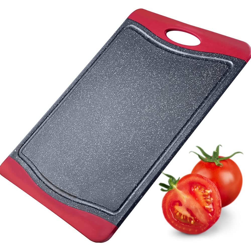 Westmark Chopping Board with juice groove, Non-slip and blade-friendly, Cutting surface: 29 x 20 cm, Granite design, Plastic, Anthracite/Red, 6215224G