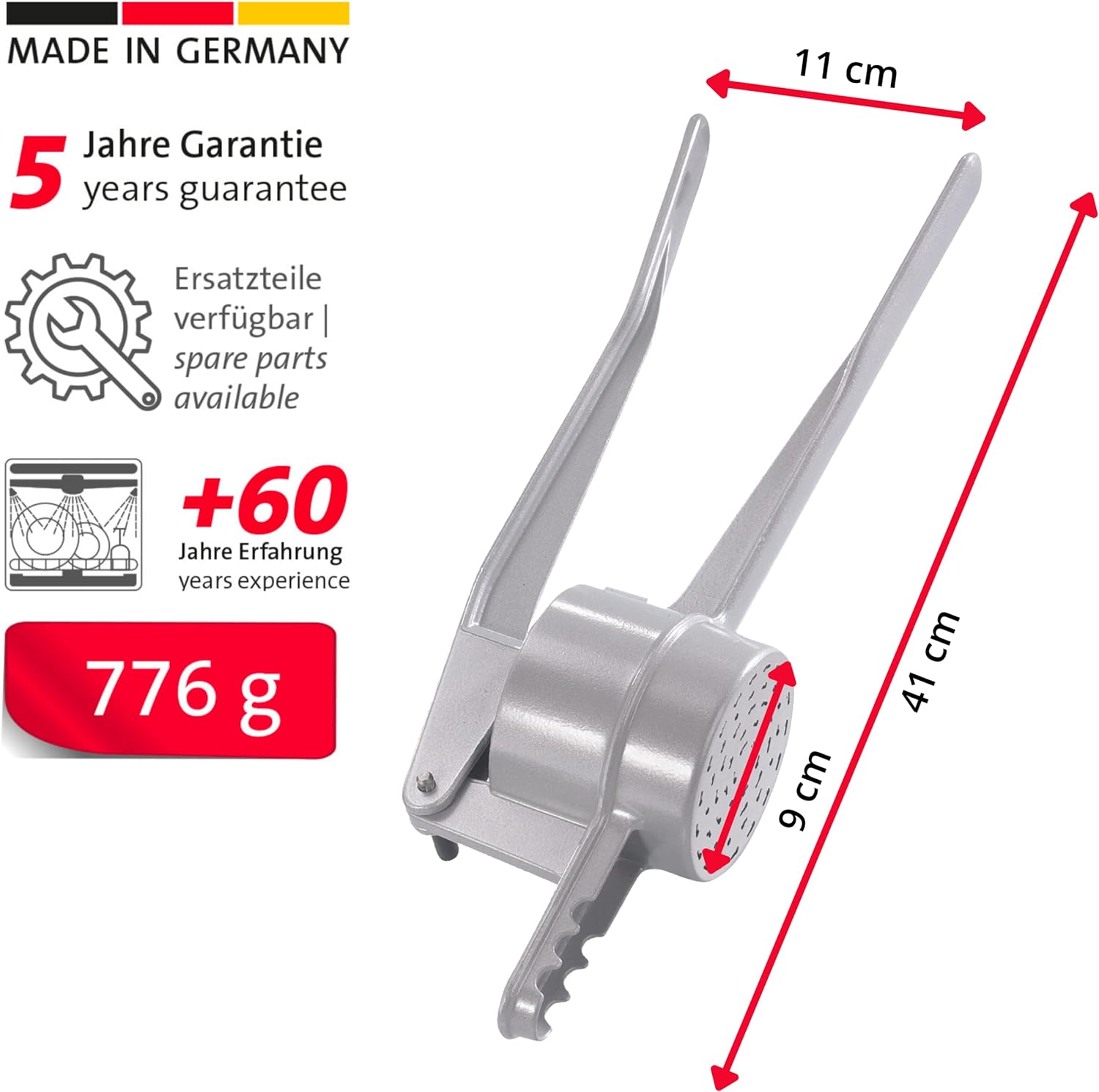 Westmark Spaetzle/Potato Press, With traditional holes for handmade-style spaetzle, Die-cast aluminium, Length: 41 cm, Spätzlechef, Silver, 61202260