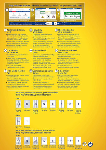 AVERY Zweckform L4773-8 Weatherproof Film Labels (192 Adhesive Labels, 63.5 x 33.9 mm on A4, Extremely Strong Self-Adhesive, Waterproof, Durable, Printable Outdoor Adhesive Film), 8 Sheets, White