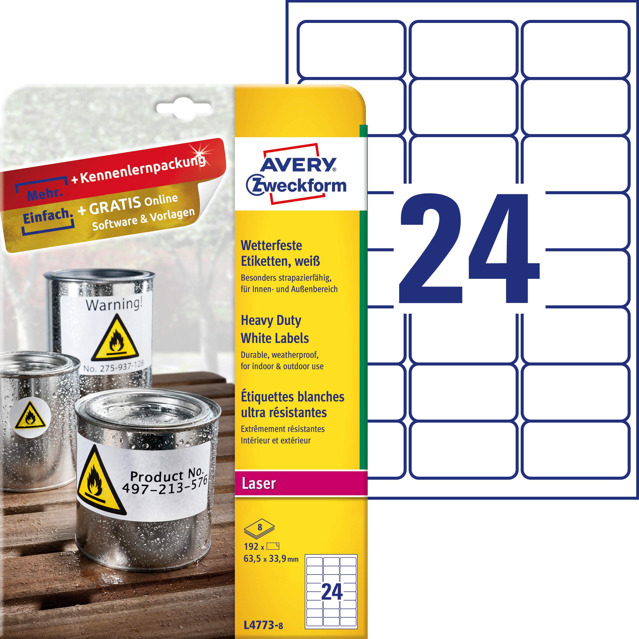 AVERY Zweckform L4773-8 Weatherproof Film Labels (192 Adhesive Labels, 63.5 x 33.9 mm on A4, Extremely Strong Self-Adhesive, Waterproof, Durable, Printable Outdoor Adhesive Film), 8 Sheets, White