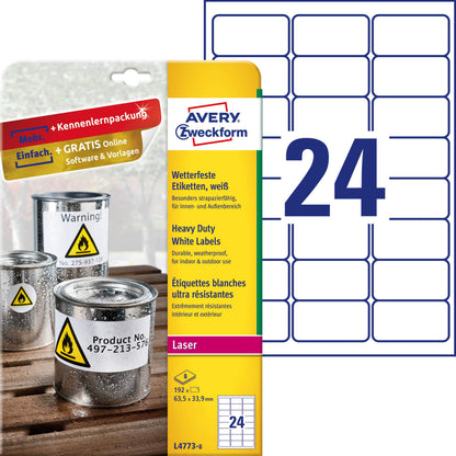 AVERY Zweckform L4773-8 Weatherproof Film Labels (192 Adhesive Labels, 63.5 x 33.9 mm on A4, Extremely Strong Self-Adhesive, Waterproof, Durable, Printable Outdoor Adhesive Film), 8 Sheets, White