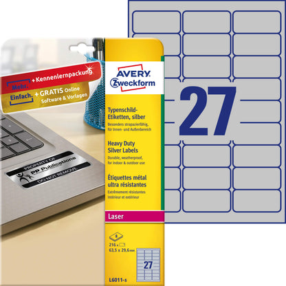 AVERY Zweckform L6011-8 Name Plate Film Labels (216 Stickers, 63.5 x 29.6 mm on A4, Strong Self-Adhesive, Durable, Weatherproof, Printable Adhesive Film, Blank) 8 Sheets, Silver