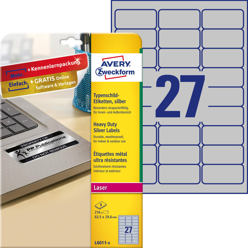 AVERY Zweckform L6011-8 Name Plate Film Labels (216 Stickers, 63.5 x 29.6 mm on A4, Strong Self-Adhesive, Durable, Weatherproof, Printable Adhesive Film, Blank) 8 Sheets, Silver