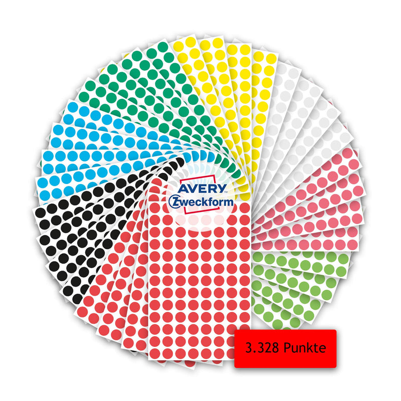 Avery Zweckform 59994 Adhesive Dots 3.328 Pieces (self-Adhesive Marking dots, Diameter 8 mm, 416 Adhesive dots per Colour, 8 Colours, Round Stickers for calendars, Planners and Crafts, Paper, Matte) Yellow,Blue,White,Green,Red,Black