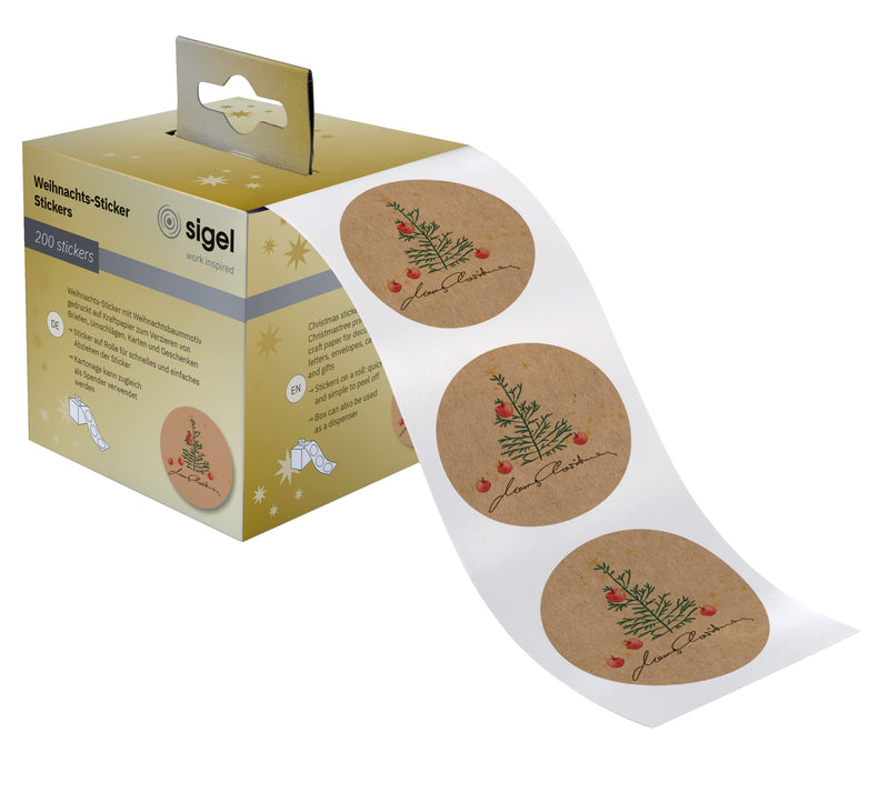 SIGEL CS123 Christmas stickers on a roll, 200 sticker, 4,7 x 4,7 cm, "Christmas with apples", brown, Green, Red