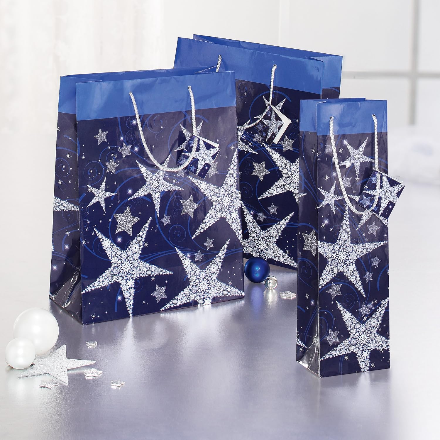 SIGEL GT025 Christmas Gift Bag "Shining Stars", large, 26 x 33 x 12 cm, 5 Pieces Shining Stars - blue/white - large