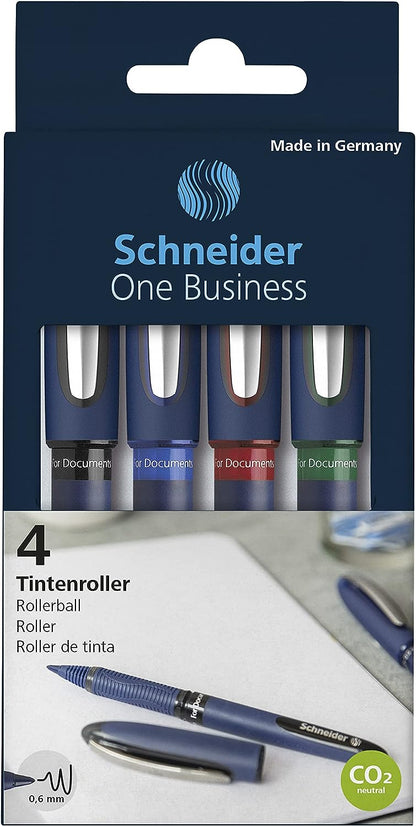 Schneider One Business Non-Retractable Ballpoint Pens with Liquid Ink, Pack of 4 (1 Black/Red/Blue/Green