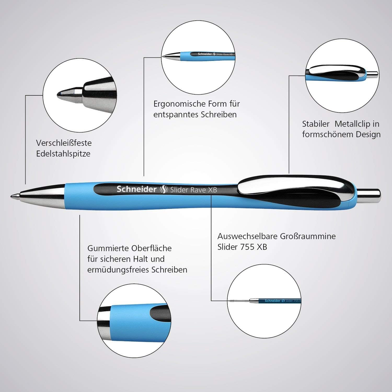Schneider 150275 Slider Memo XB and Slider Rave XB Ballpoint Pen (with Case, Ink Colour: Blue), 4+1 Item