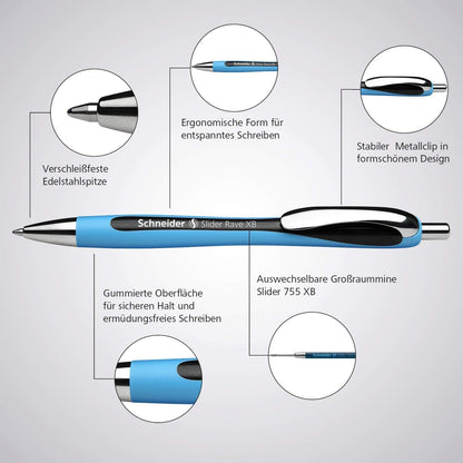 Schneider 150275 Slider Memo XB and Slider Rave XB Ballpoint Pen (with Case, Ink Colour: Blue), 4+1 Item