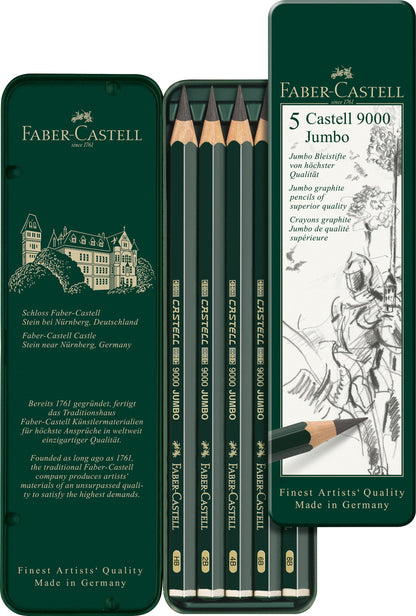 Faber-Castell 5 Piece Quality Castell 9000 Jumbo Graphite Pencils in a Tin, Including HB, 2B, 4B, 6B and 8B,Black