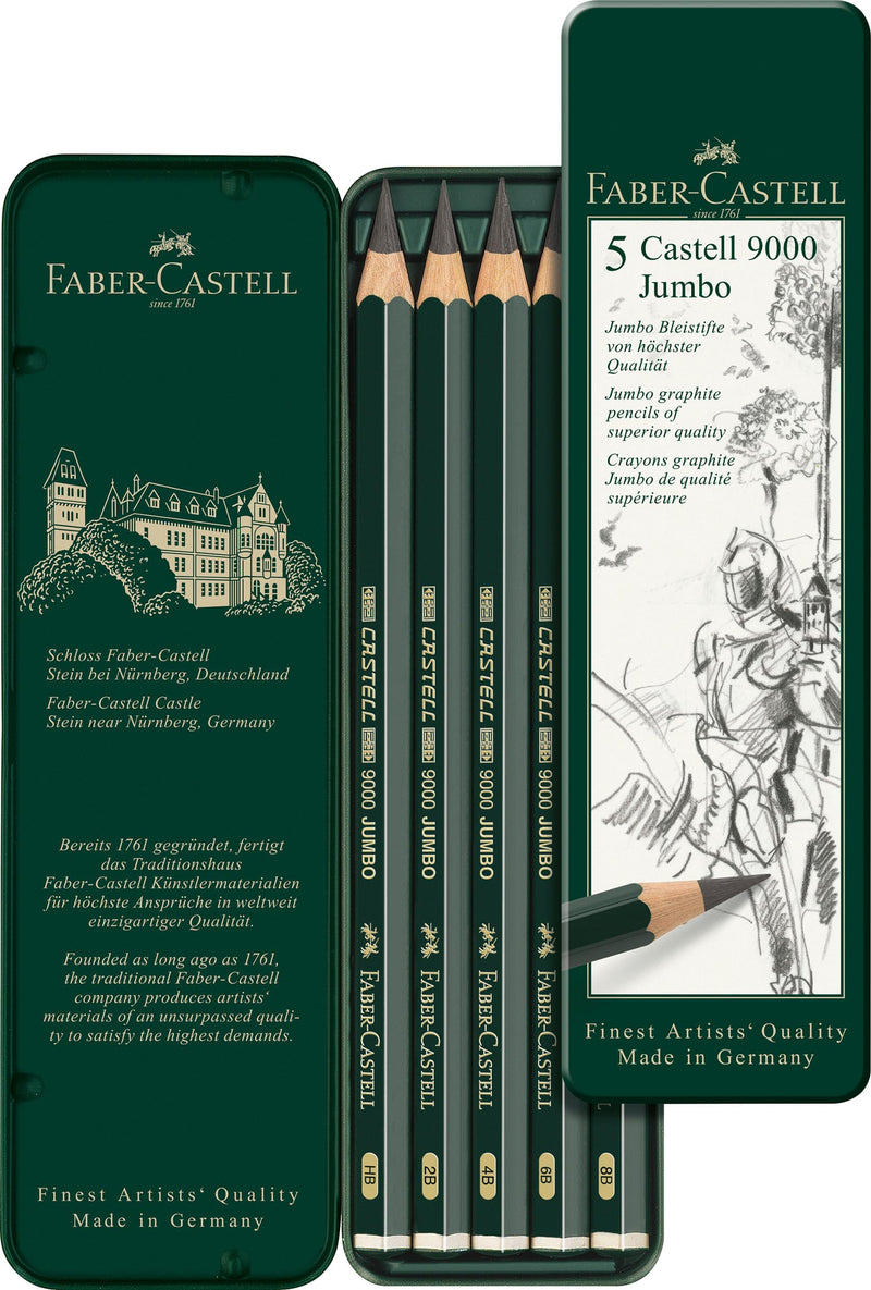 Faber-Castell 5 Piece Quality Castell 9000 Jumbo Graphite Pencils in a Tin, Including HB, 2B, 4B, 6B and 8B,Black