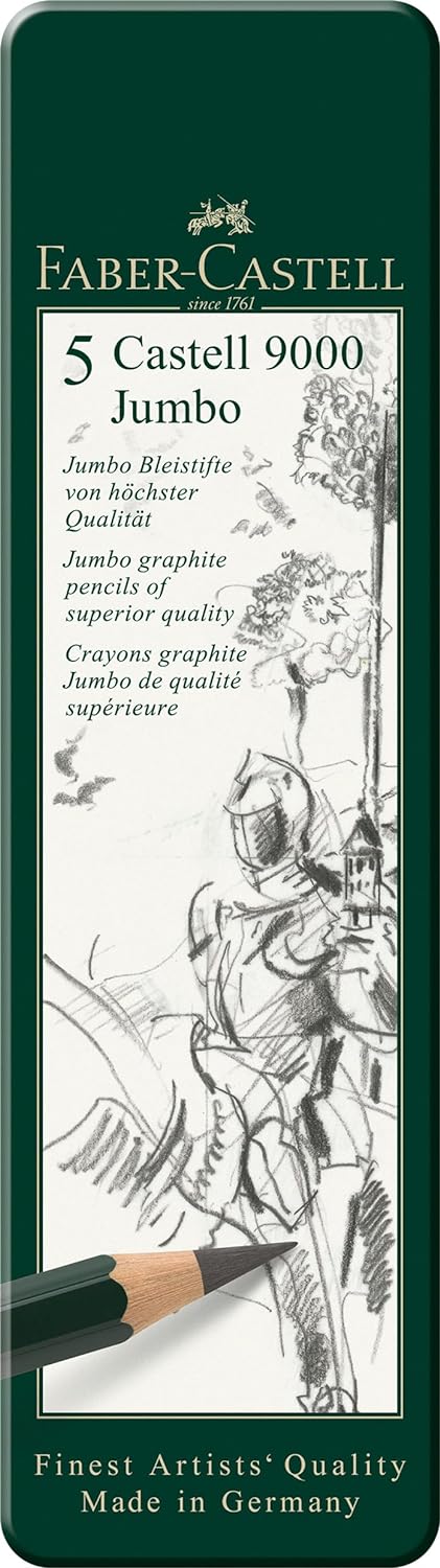 Faber-Castell 5 Piece Quality Castell 9000 Jumbo Graphite Pencils in a Tin, Including HB, 2B, 4B, 6B and 8B,Black