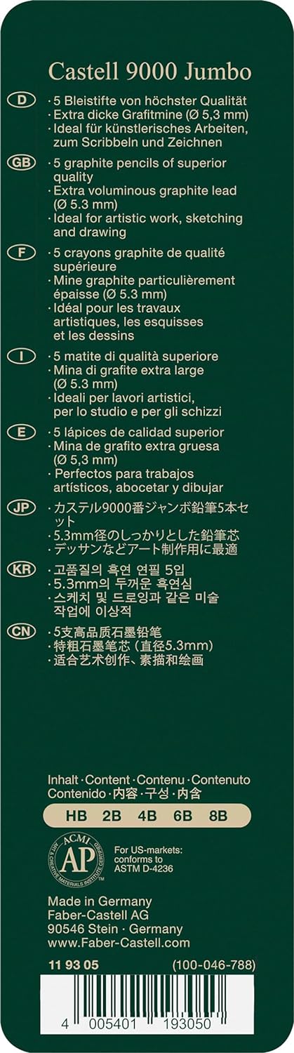 Faber-Castell 5 Piece Quality Castell 9000 Jumbo Graphite Pencils in a Tin, Including HB, 2B, 4B, 6B and 8B,Black