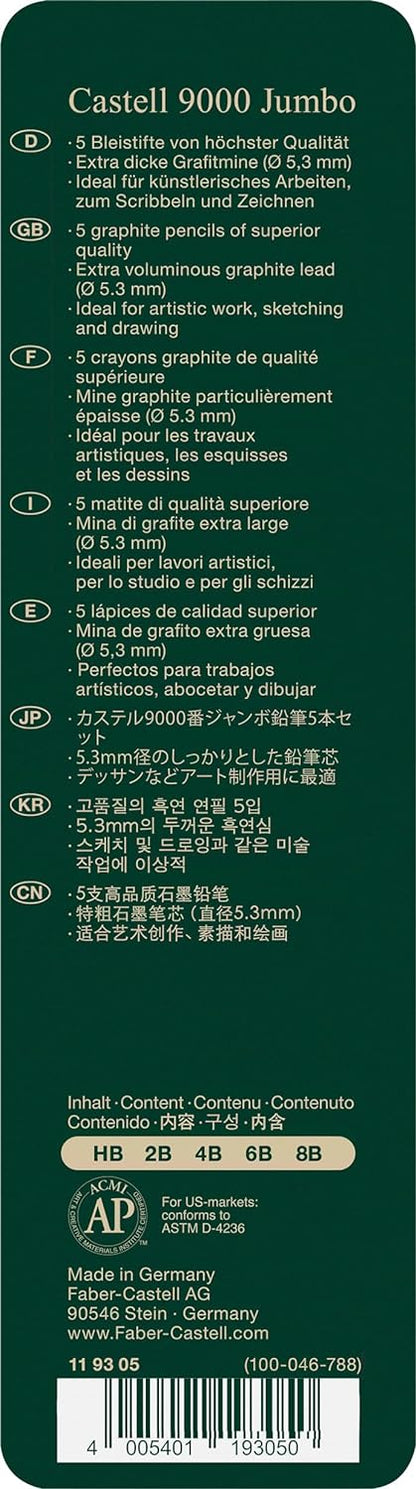 Faber-Castell 5 Piece Quality Castell 9000 Jumbo Graphite Pencils in a Tin, Including HB, 2B, 4B, 6B and 8B,Black