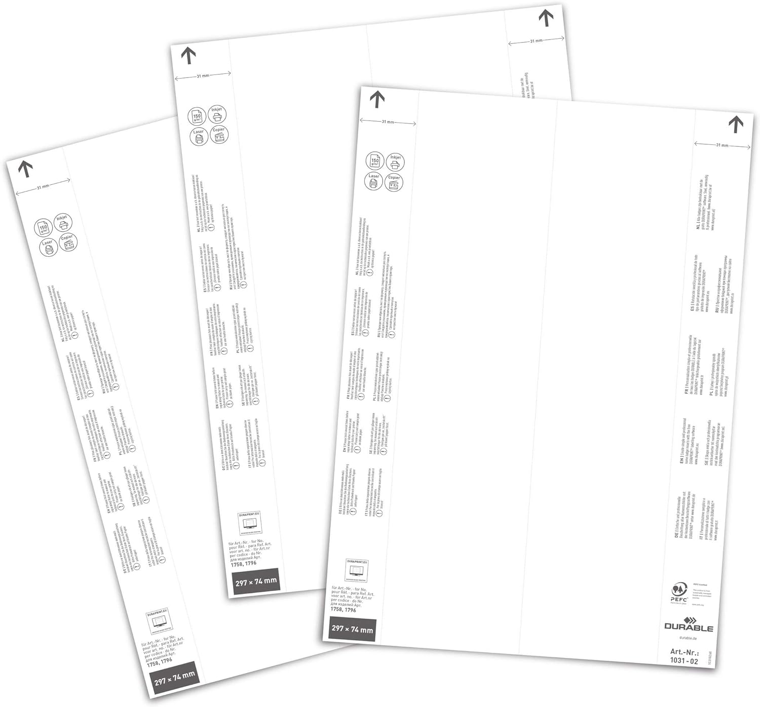 Durable Insert Labels 297 x 74 mm for Ticket Holders, 40 Labels on A4 Sheets, White, 103102