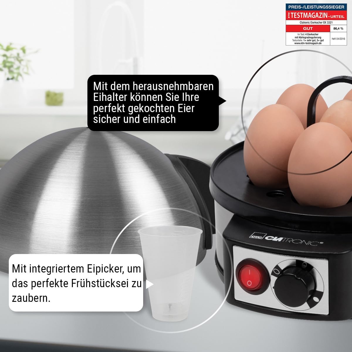 Clatronic® Elektrischer Eierkocher für bis zu 7 Eier | Eierkocher Edelstahl mit Härtegradeinstellung | beleuchteter Ein-/Aus-Schalter | 400 Watt | Edelstahl |