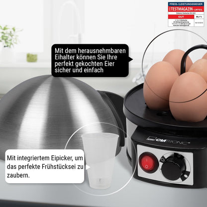 Clatronic® Elektrischer Eierkocher für bis zu 7 Eier | Eierkocher Edelstahl mit Härtegradeinstellung | beleuchteter Ein-/Aus-Schalter | 400 Watt | Edelstahl |