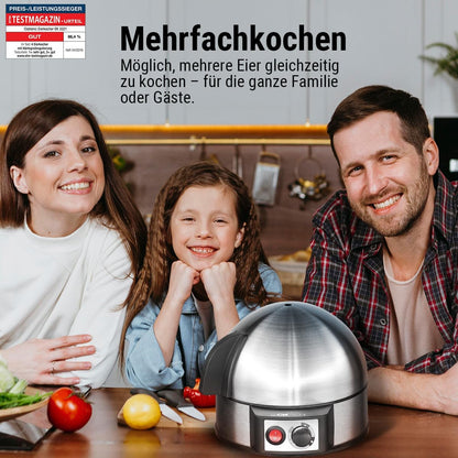 Clatronic® Elektrischer Eierkocher für bis zu 7 Eier | Eierkocher Edelstahl mit Härtegradeinstellung | beleuchteter Ein-/Aus-Schalter | 400 Watt | Edelstahl |