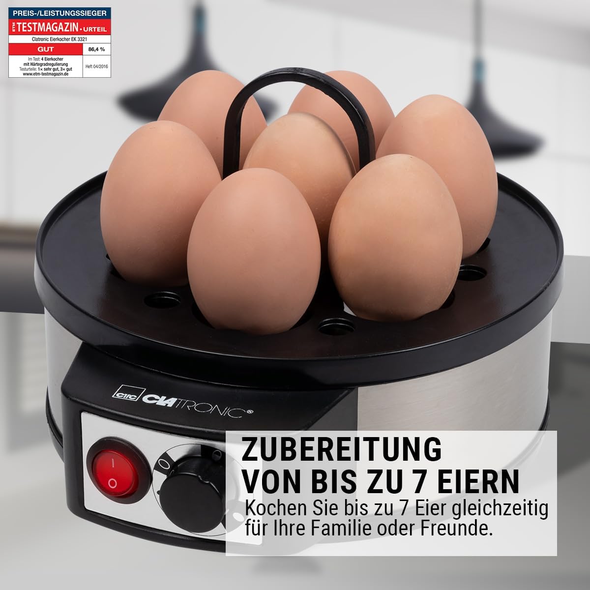 Clatronic® Elektrischer Eierkocher für bis zu 7 Eier | Eierkocher Edelstahl mit Härtegradeinstellung | beleuchteter Ein-/Aus-Schalter | 400 Watt | Edelstahl |