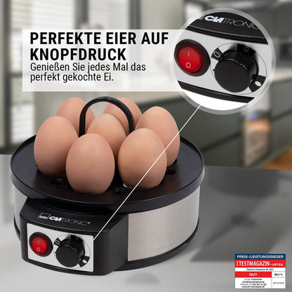 Clatronic® Elektrischer Eierkocher für bis zu 7 Eier | Eierkocher Edelstahl mit Härtegradeinstellung | beleuchteter Ein-/Aus-Schalter | 400 Watt | Edelstahl |