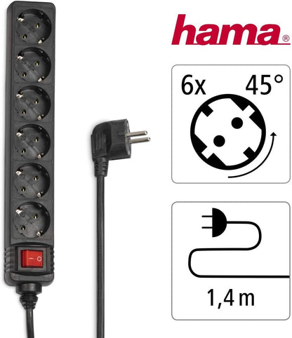 Hama Steckdosenleiste 6-fach (Mehrfachsteckdose mit Save Energy-Schalter zum Stromsparen, Steckplätze 45 Grad gedreht, Kabel 1,4m, GS geprüft, Mehrfachstecker für Home Ofiice) schwarz
