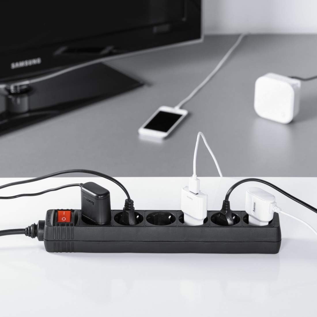 Hama Steckdosenleiste 6-fach (Mehrfachsteckdose mit Save Energy-Schalter zum Stromsparen, Steckplätze 45 Grad gedreht, Kabel 1,4m, GS geprüft, Mehrfachstecker für Home Ofiice) schwarz